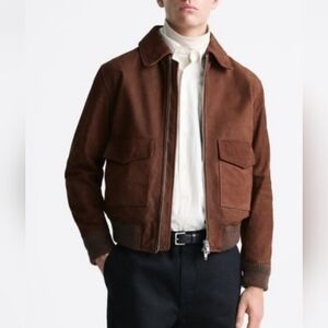Men's Zara Nubuck Real Leather Jacket Pilot Aviator Medium Brown New